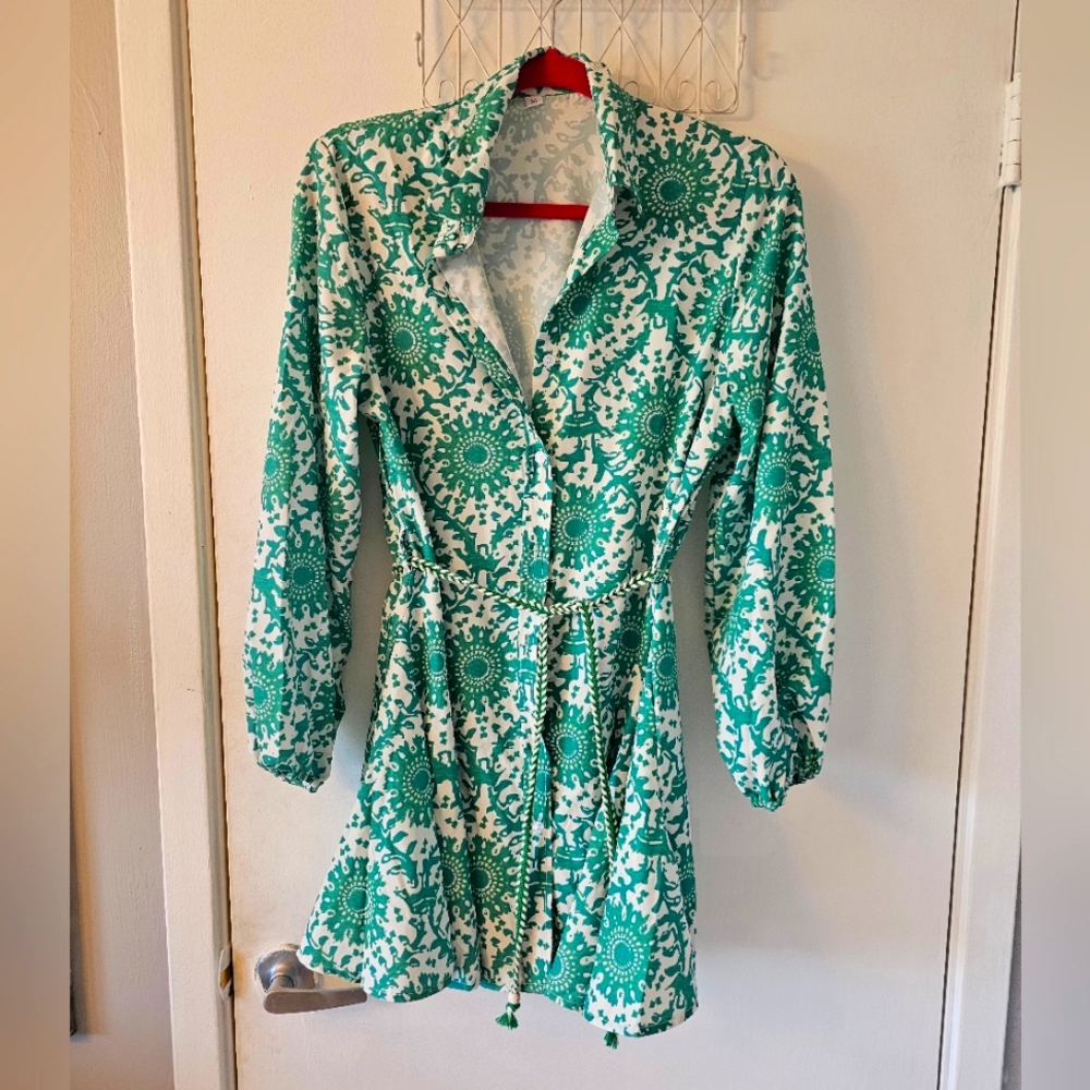 Green and white button up dress